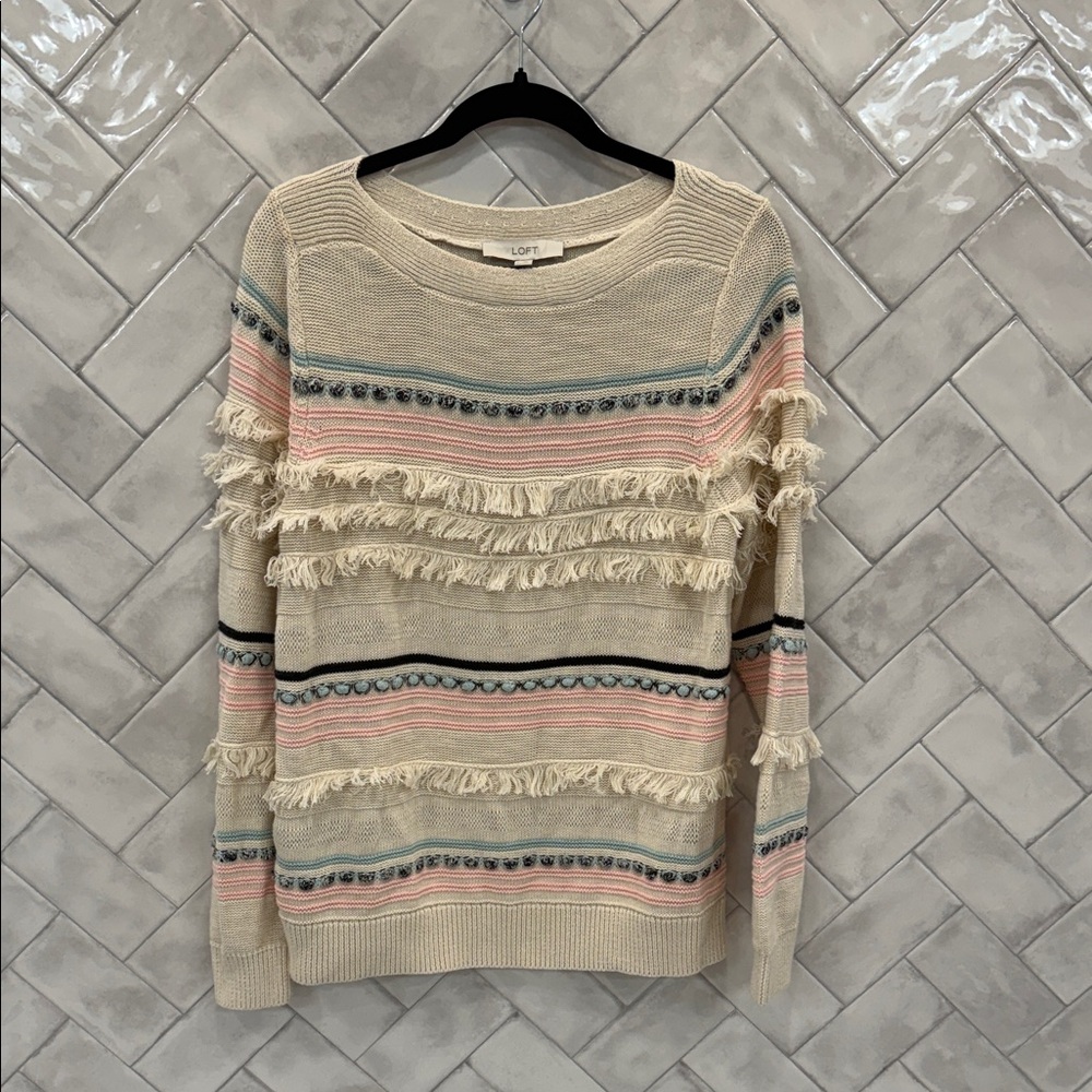 LOFT Women's Striped Fringe Sweater - Cream, Pink, and Blue